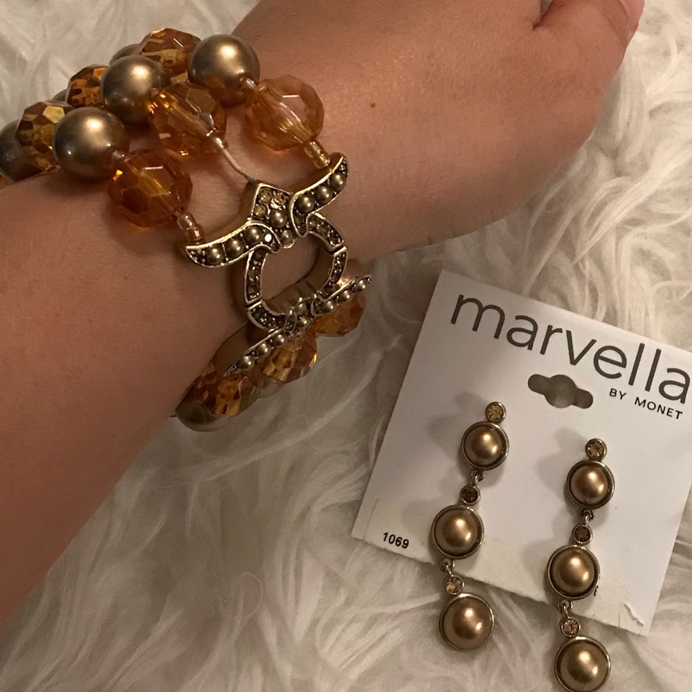 Amber bead/bronze pearl bracelet and earring set